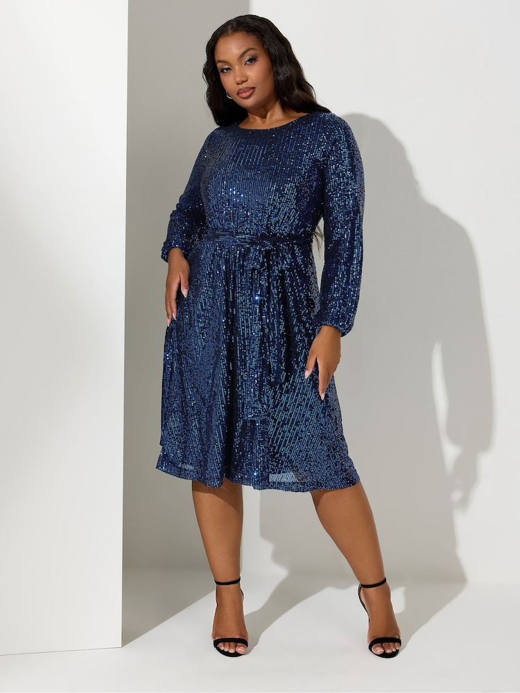 Yours Curve Blue London Sequin Long Sleeve Skater Midi Dress - Image 2 of 4