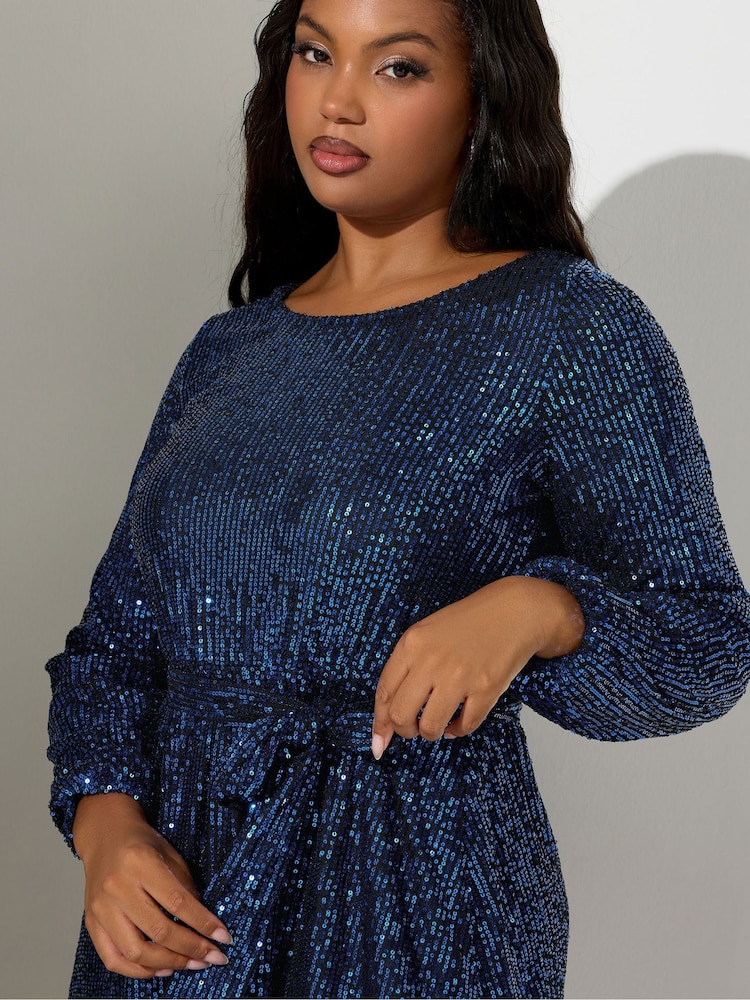 Yours Curve Blue London Sequin Long Sleeve Skater Midi Dress - Image 4 of 4