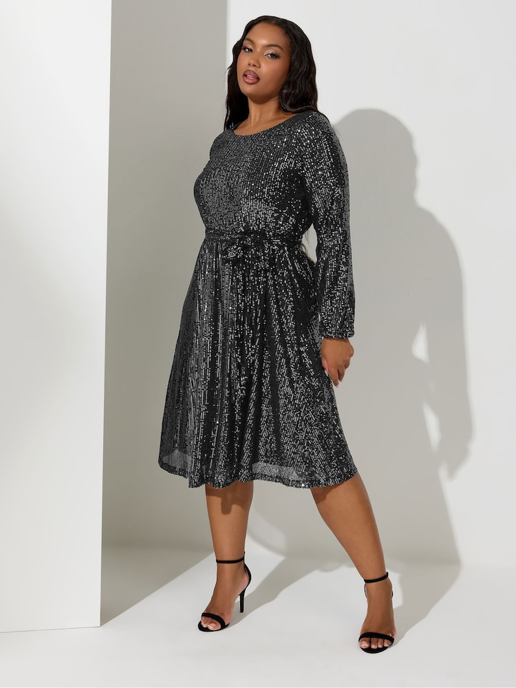 Yours Curve Silver London Sequin Long Sleeve Skater Midi Dress - Image 1 of 4