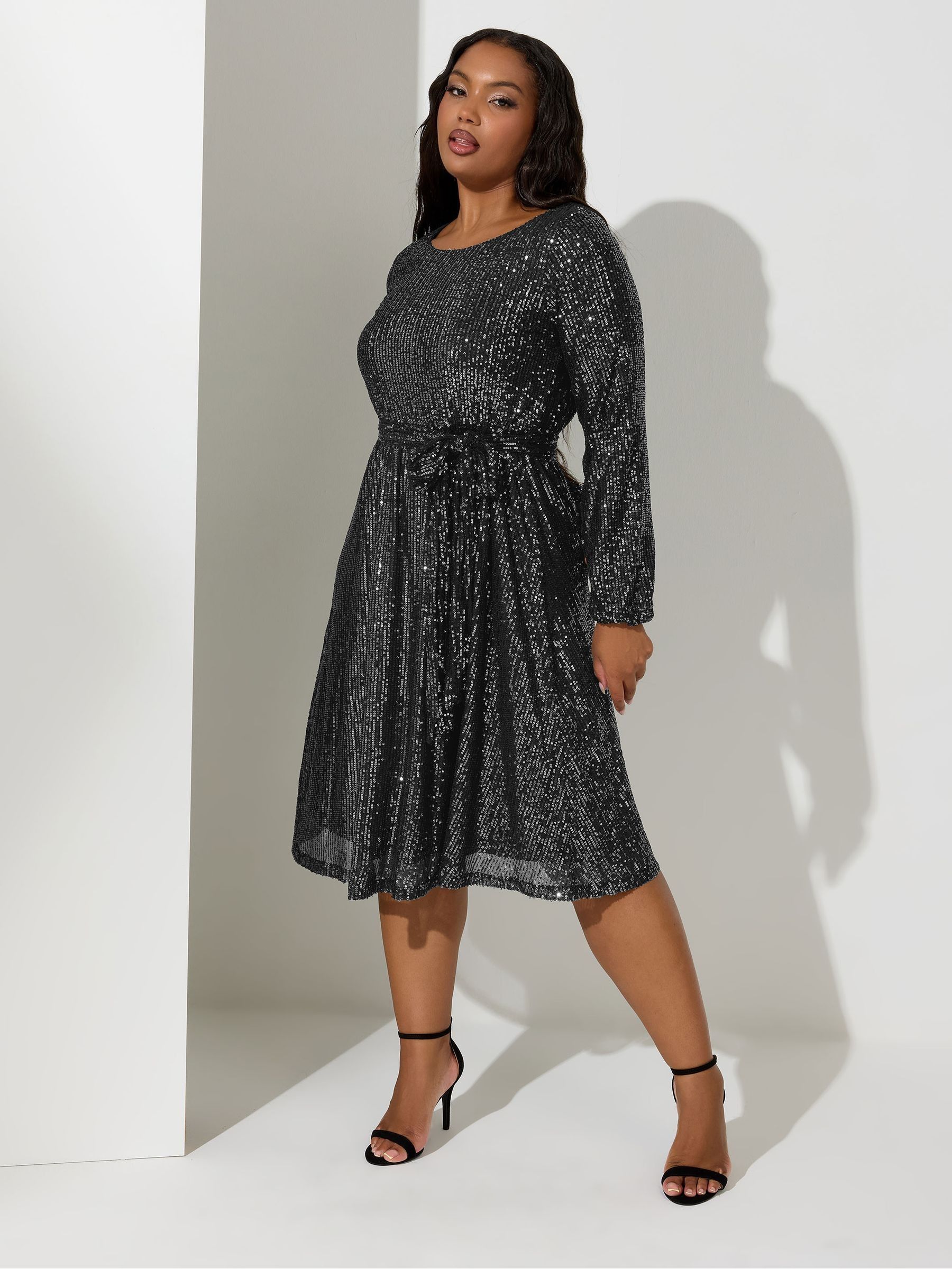Yours Curve Women's Silver London Sequin Long Sleeve Skater Midi Dress