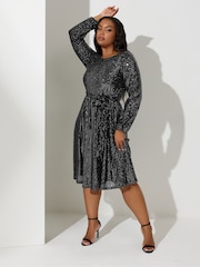 Yours Curve Silver London Sequin Long Sleeve Skater Midi Dress - Image 2 of 4