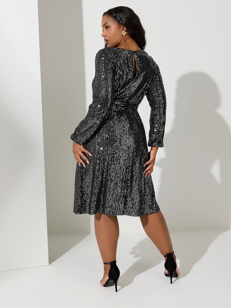 black and silver skater dress Yours London Women's Plus Size Black Sequin Skater Midi Dress Size 18
