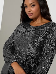 Yours Curve Silver London Sequin Long Sleeve Skater Midi Dress - Image 4 of 4