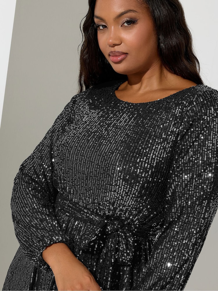 Yours Curve Silver London Sequin Long Sleeve Skater Midi Dress - Image 4 of 4