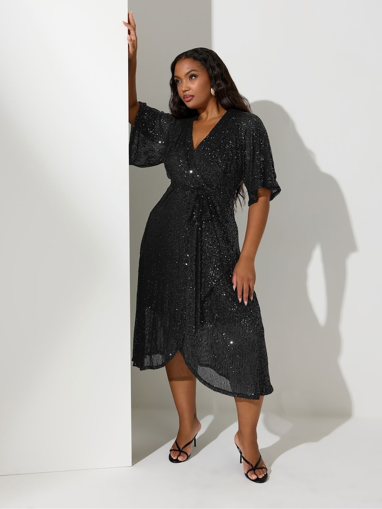 črna - Yours Curve London Sequin Wrap Dress - Slika 1 iz 4