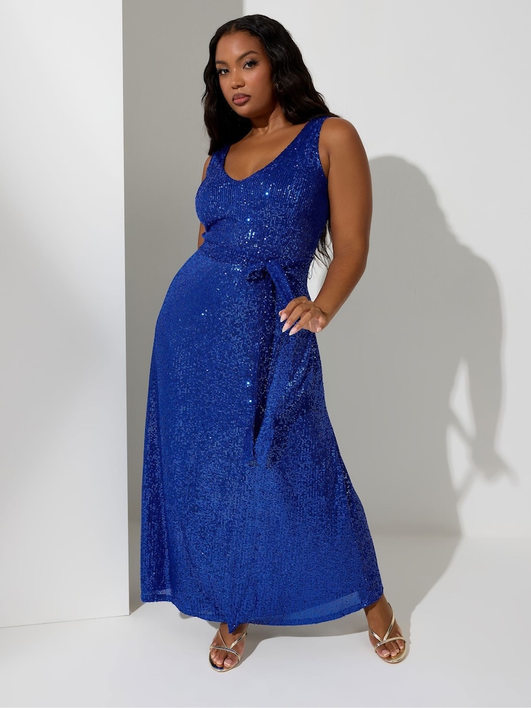 Yours Curve Blue London Sequin V-Neck Maxi Dress - Image 2 of 4 Yours Curve Blue London Sequin V-Neck Maxi Dress - Image 2 of 4