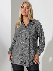 Yours Curve Silver London Sequin Shirt - Image 1 of 5