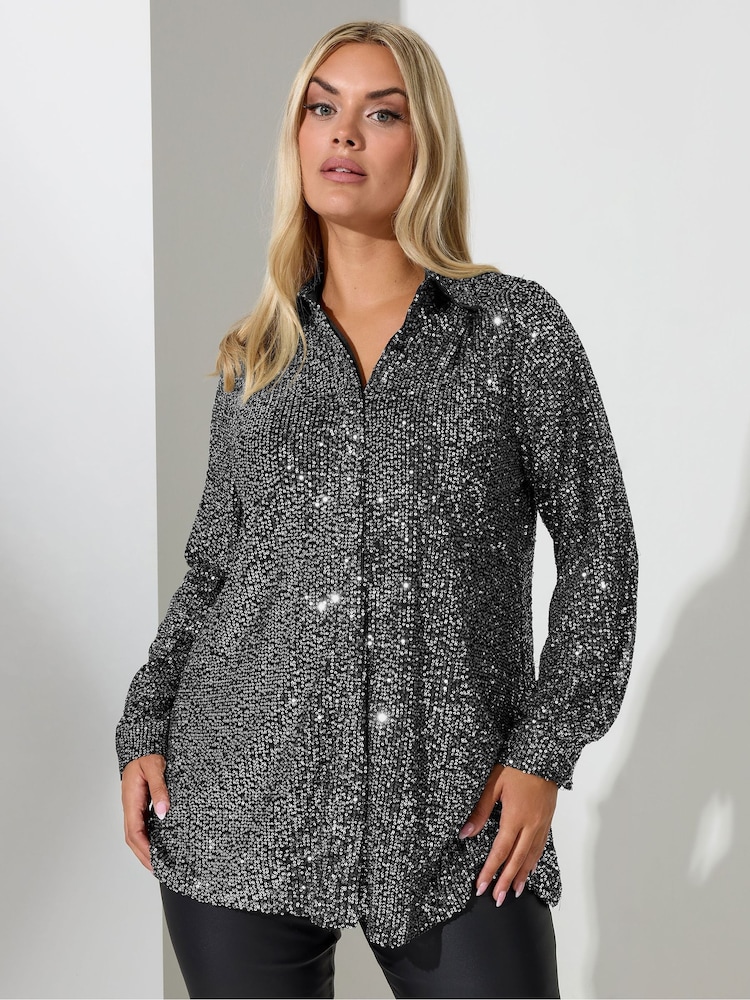 Yours Curve Silver London Sequin Shirt - Image 1 of 5