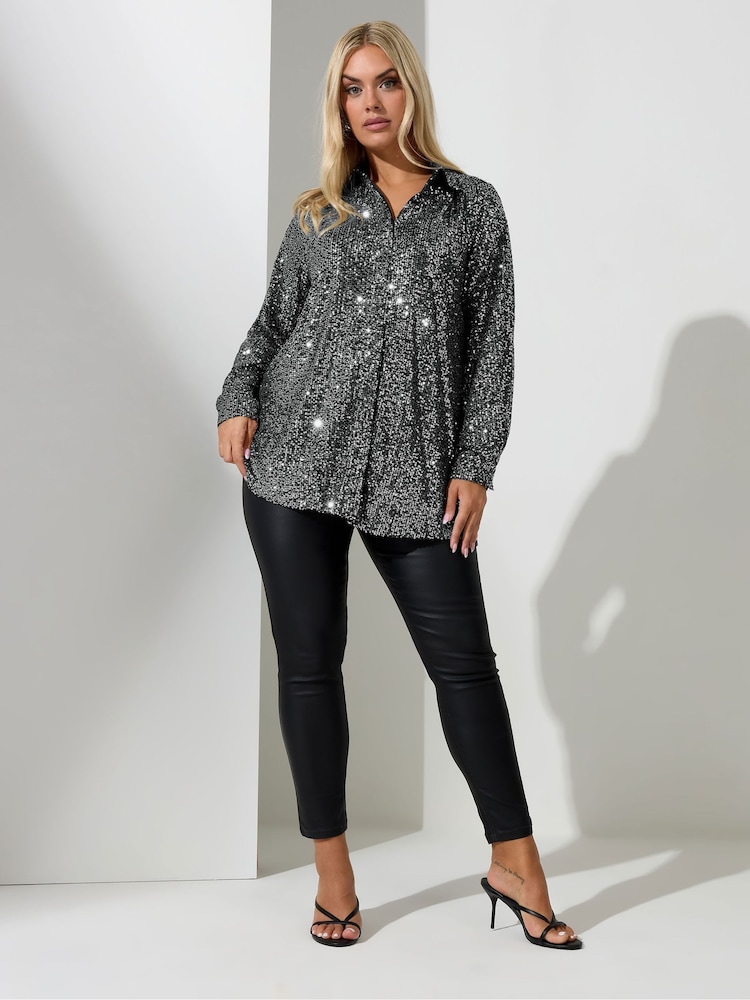 Yours Curve Silver London Sequin Shirt - Image 2 of 5