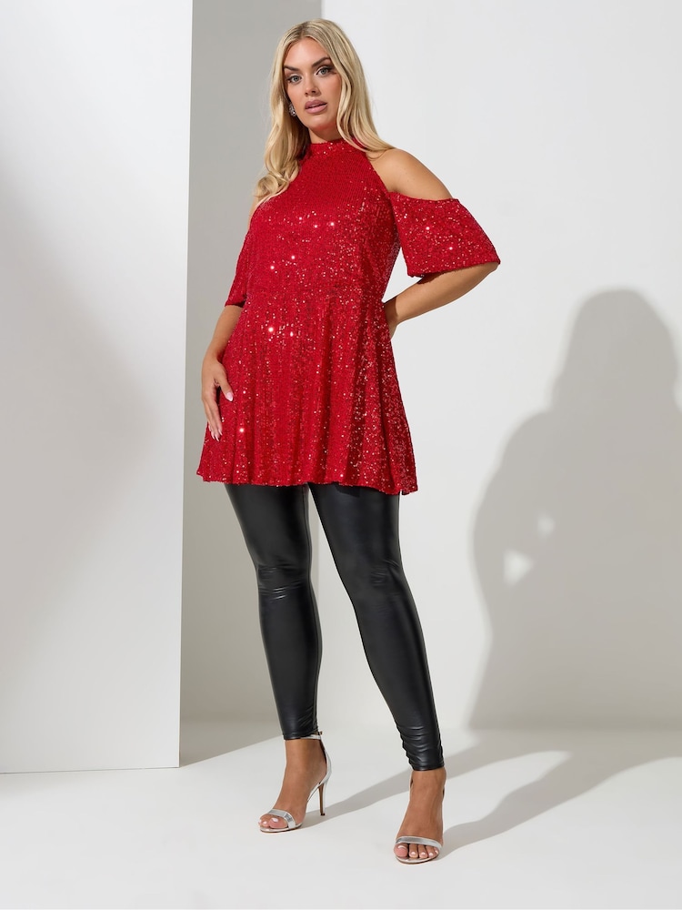 Yours Curve Red Sequin Cold Shoulder Peplum Top - Image 2 of 4