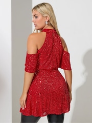 Yours Curve Red Sequin Cold Shoulder Peplum Top - Image 3 of 4