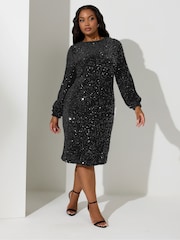Yours Curve Black London Sequin Velvet Long Sleeve Shift Dress - Image 1 of 4