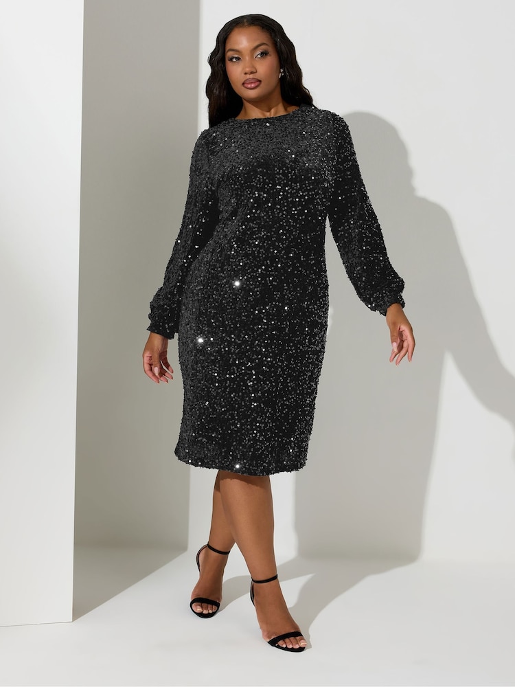 Yours Curve Black London Sequin Velvet Long Sleeve Shift Dress - Image 1 of 4