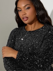 Yours Curve Black London Sequin Velvet Long Sleeve Shift Dress - Image 4 of 4