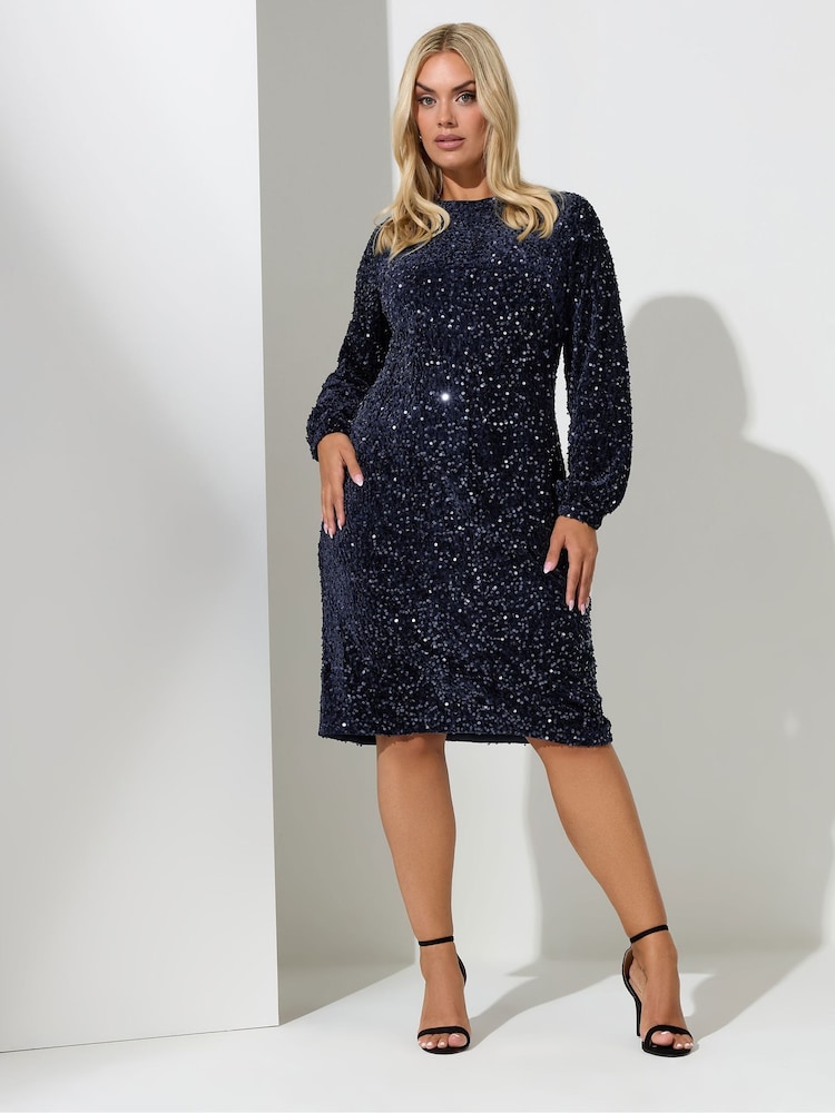Yours Curve Blue London Sequin Velvet Long Sleeve Shift Dress - Image 1 of 4