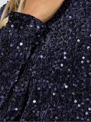 Yours Curve Blue London Sequin Velvet Long Sleeve Shift Dress - Image 4 of 4