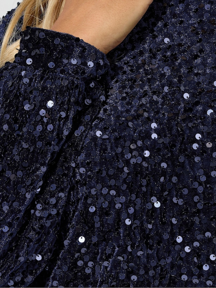 Yours Curve Blue London Sequin Velvet Long Sleeve Shift Dress - Image 4 of 4