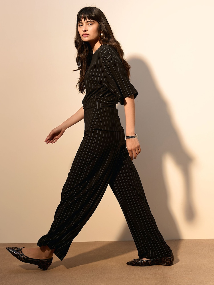 Black Pinstripe Waisted Wide Leg Trousers - Image 2 of 8