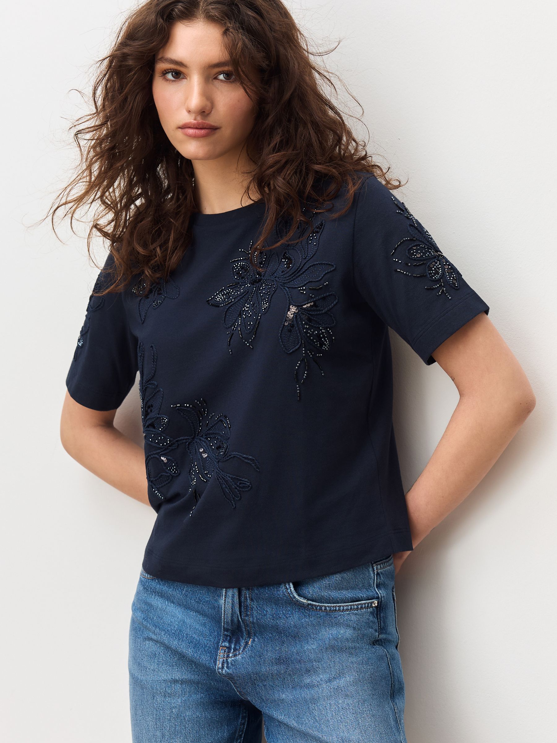 Buy Navy Floral Print Embellished T-Shirt from Next Lithuania