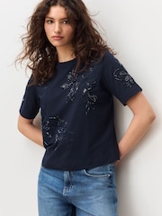 Navy Floral Print Embellished T-Shirt - Image 1 of 8