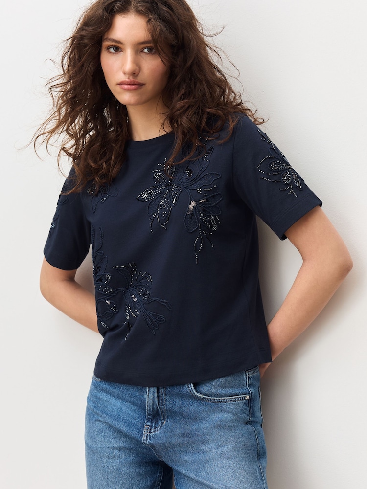 Navy Floral Print Embellished T-Shirt - Image 1 of 8