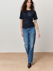 Navy Floral Print Embellished T-Shirt - Image 2 of 8