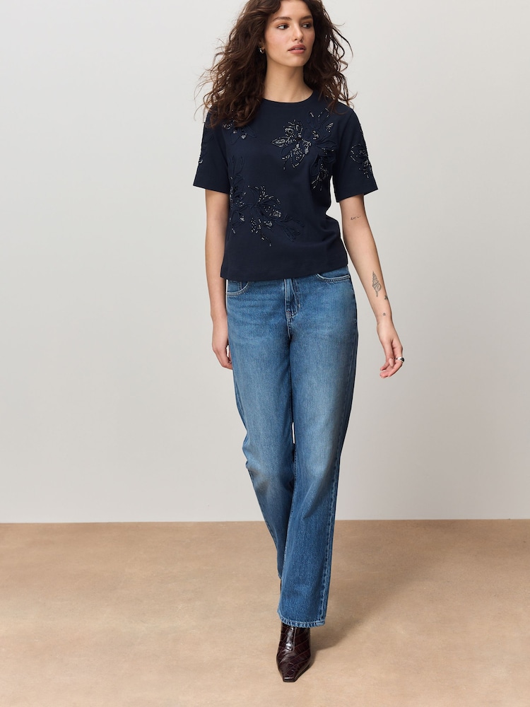 Navy Floral Print Embellished T-Shirt - Image 2 of 8
