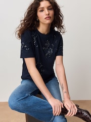 Navy Floral Print Embellished T-Shirt - Image 3 of 8