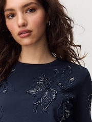 Navy Floral Print Embellished T-Shirt - Image 5 of 8