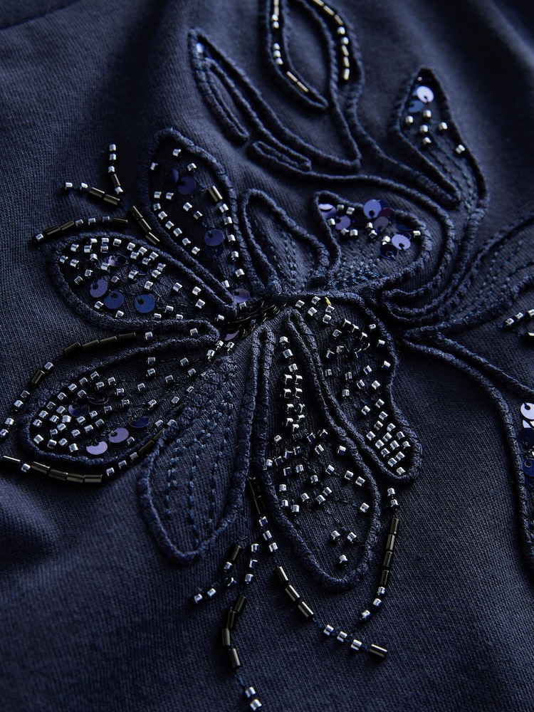 Navy Floral Print Embellished T-Shirt - Image 8 of 8