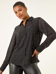 Roman Black Diamante Hotfix Button Blouse - Image 1 of 5