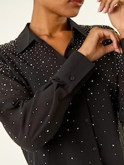 Roman Black Diamante Hotfix Button Blouse - Image 4 of 5