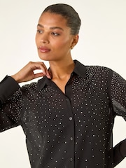 Roman Black Diamante Hotfix Button Blouse - Image 5 of 5