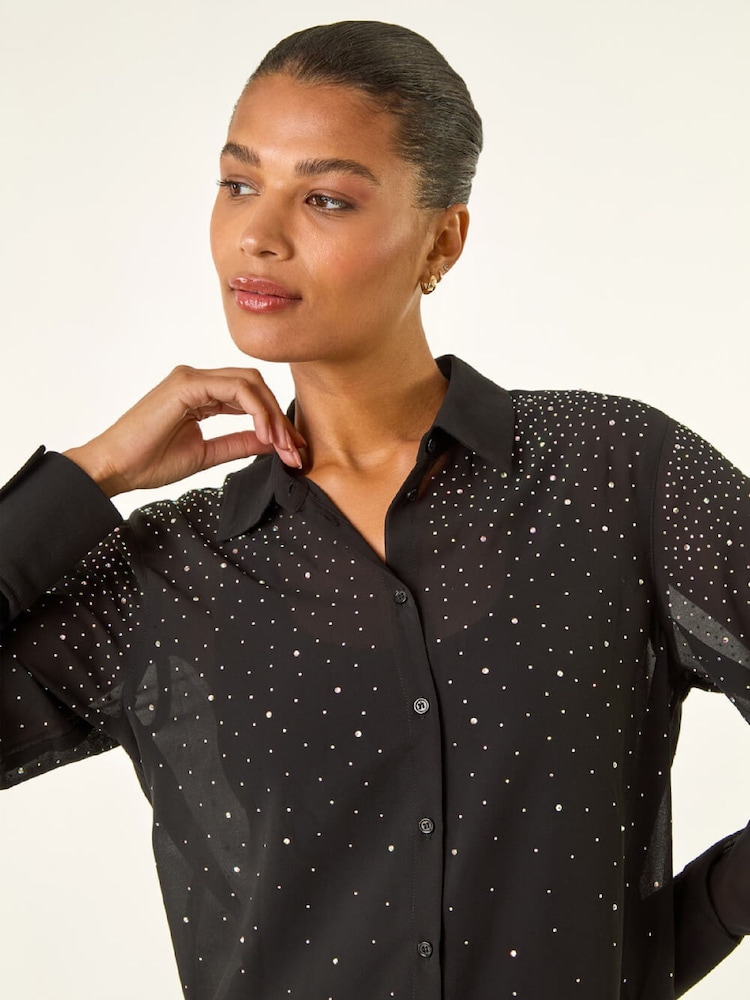 Roman Black Diamante Hotfix Button Blouse - Image 5 of 5