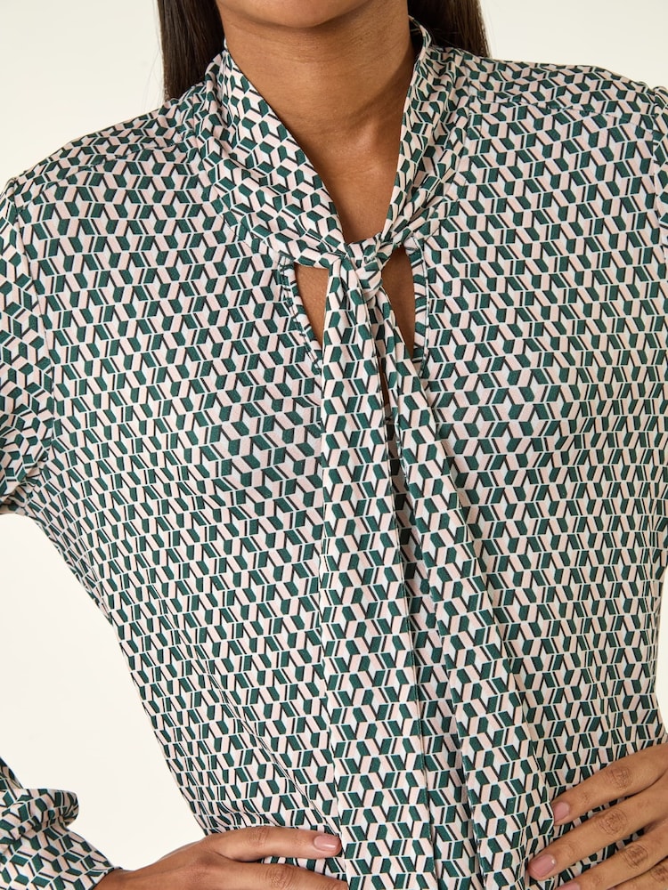 Roman Green Geo Print Tie Front Tunic Top - Image 6 of 6