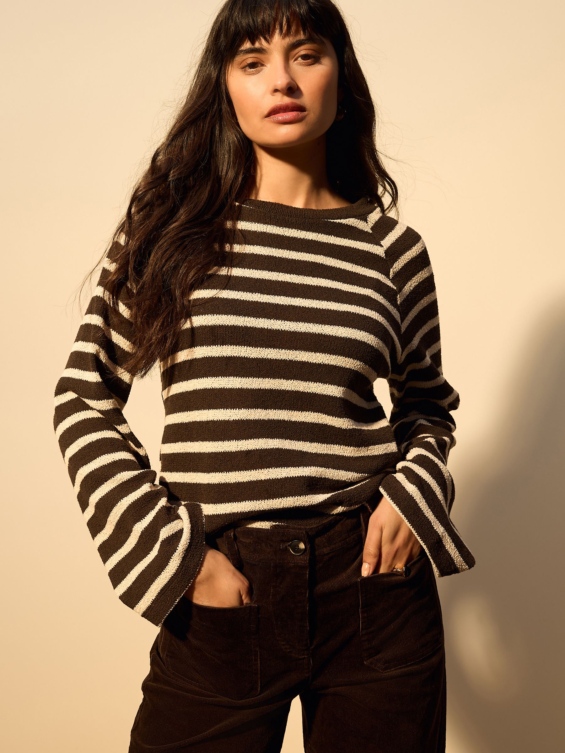 Buy Chocolate Brown/Ecru Stripe Long Sleeve Knit Look Crew Neck