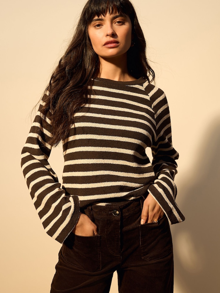 Chocolate Brown/Ecru Stripe Long Sleeve Crew Neck Jumper - Image 1 of 7