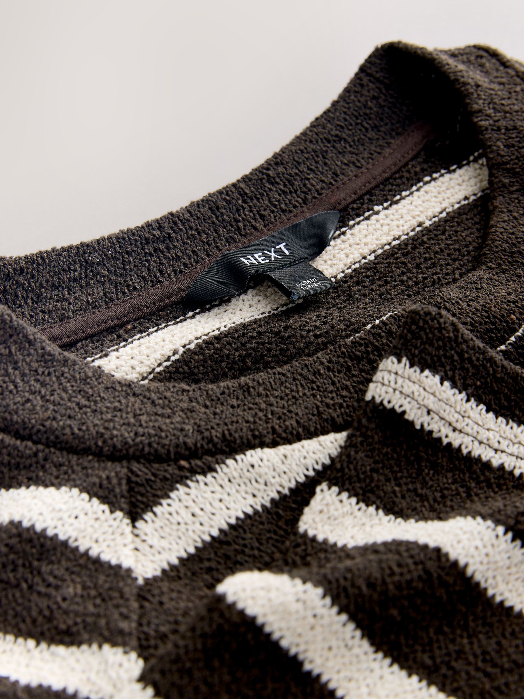 Buy Chocolate Brown/Ecru Stripe Long Sleeve Knit Look Crew Neck