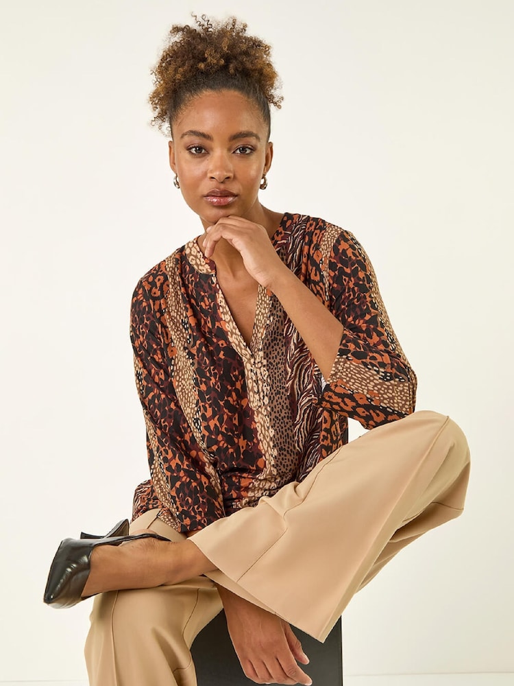 Roman Brown Abstract Print V-Neck Stretch Blouse - Image 1 of 5 Roman Brown Abstract Print V-Neck Stretch Blouse - Image 1 of 5