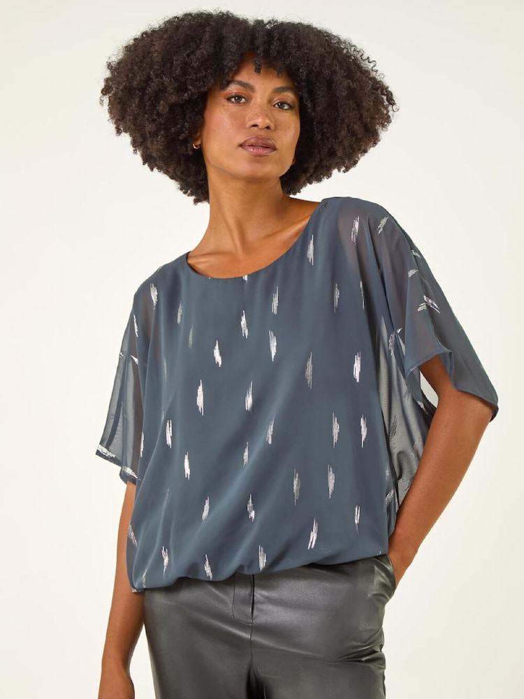 Roman Grey Foil Print Bubble Hem Blouse - Image 1 of 5