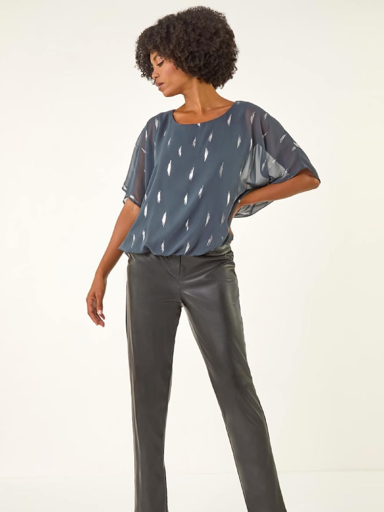 Roman Grey Foil Print Bubble Hem Blouse - Image 2 of 5 Roman Grey Foil Print Bubble Hem Blouse - Image 2 of 5
