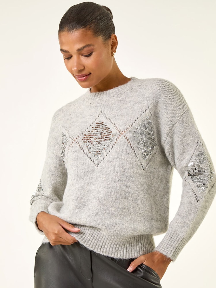 Roman Grey Diamond Sequin Knit Jumper - Image 1 of 5 Roman Grey Diamond Sequin Knit Jumper - Image 1 of 5