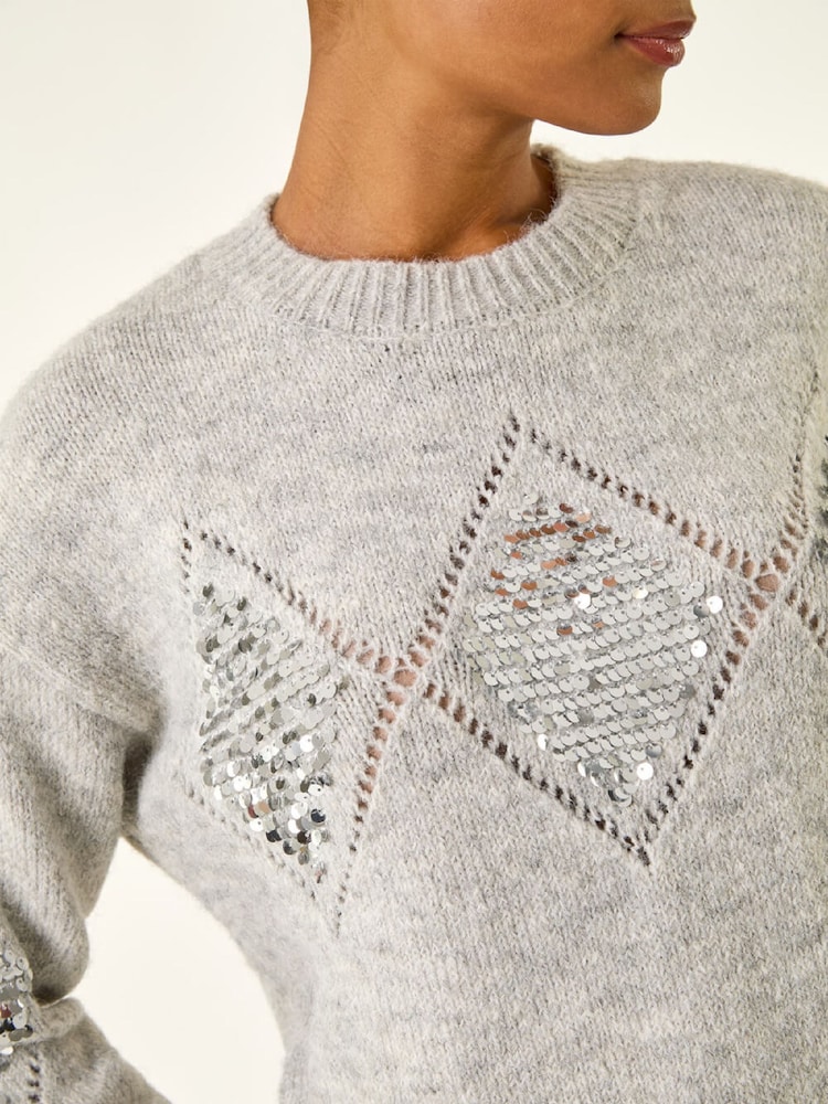 Roman Grey Diamond Sequin Knit Jumper - Image 5 of 5 Roman Grey Diamond Sequin Knit Jumper - Image 5 of 5