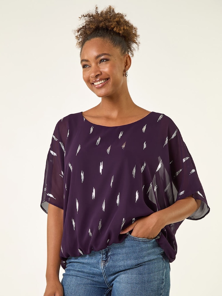 Roman Purple Foil Print Bubble Hem Blouse - Image 1 of 5