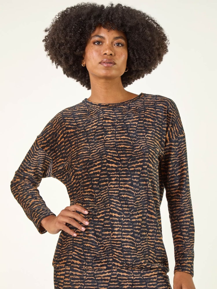 Roman Brown Animal Print Bubble Hem Tunic Top - Image 1 of 5