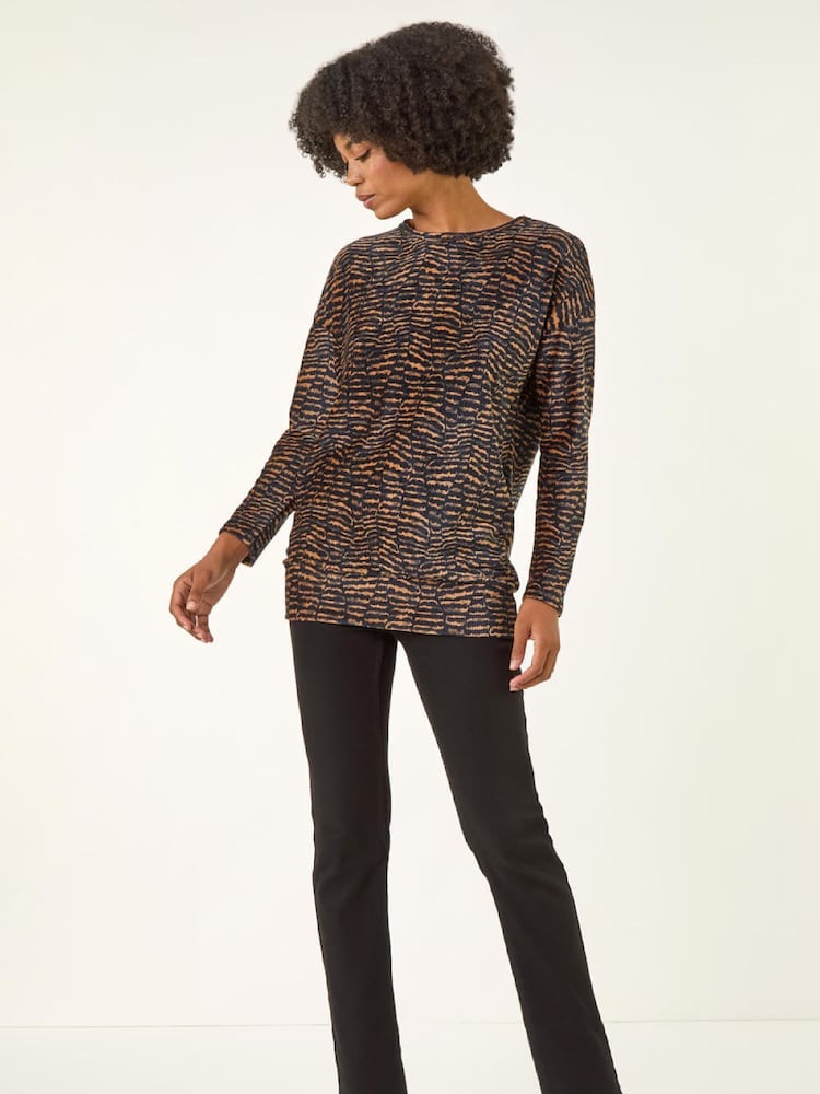 Roman Brown Animal Print Bubble Hem Tunic Top - Image 2 of 5 Roman Brown Animal Print Bubble Hem Tunic Top - Image 2 of 5