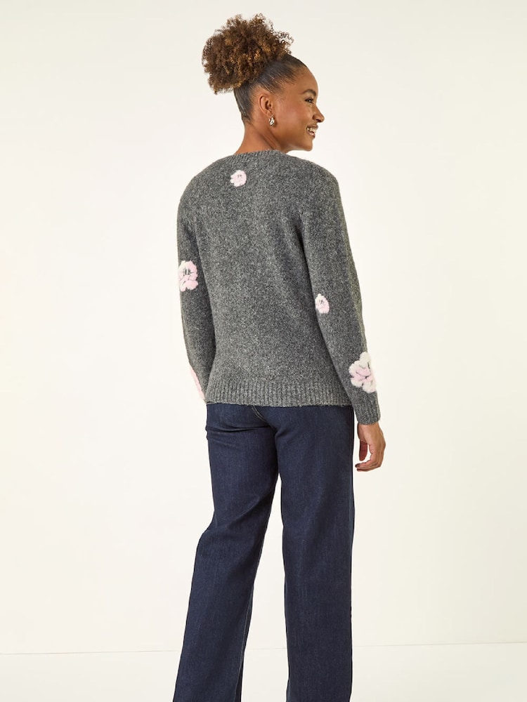 Roman Grey Embossed Floral Knit Cardigan - Image 2 of 5 Roman Grey Embossed Floral Knit Cardigan - Image 2 of 5