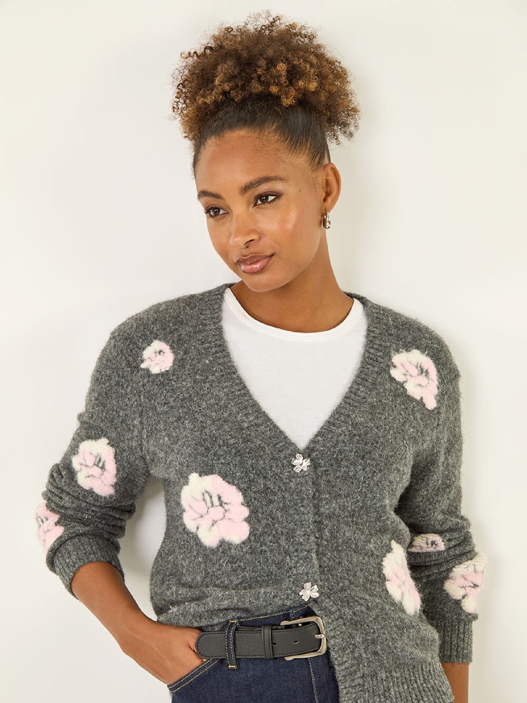 Buy Roman Grey Embossed Floral Knit Cardigan from the Next UK