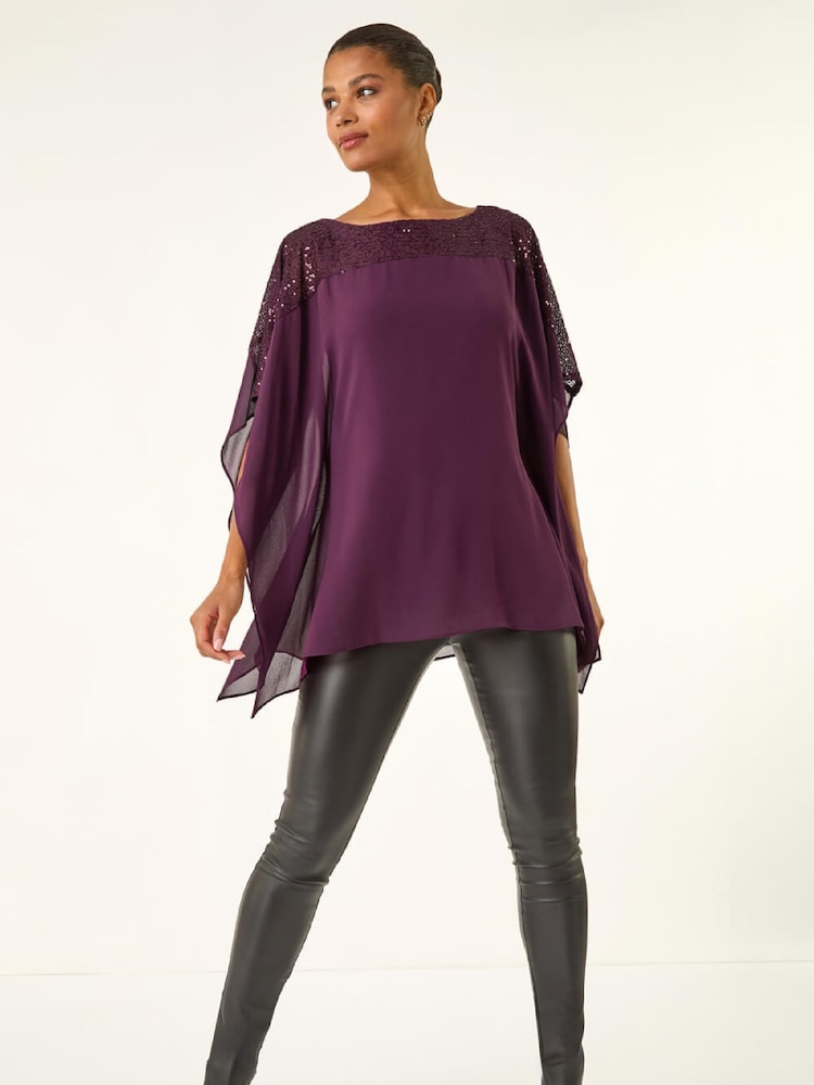 Roman Purple Sequin Yoke Contrast Chiffon Tunic Top - Image 2 of 5