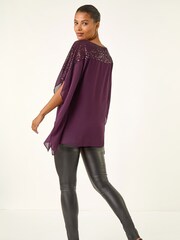 Roman Purple Sequin Yoke Contrast Chiffon Tunic Top - Image 3 of 5